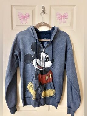 Disneyland WDW Mickey Mouse Graphic Zip Up Hoodie Navy Mineral Wash Size S EUC